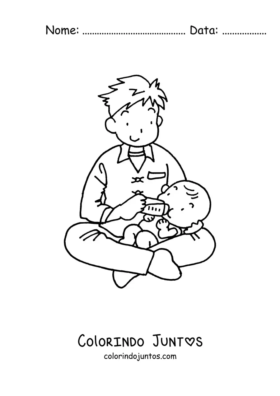 Desenho para colorir de um pai dando mamadeira a um bebê