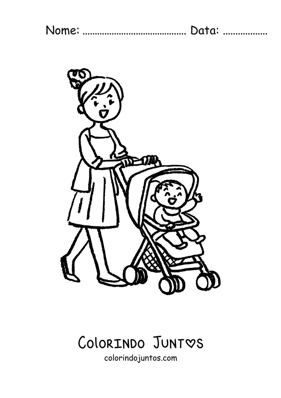 Desenho para colorir de uma mamãe passeando com o bebê no carrinho