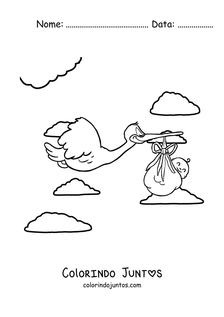 Desenho para colorir de uma cegonha voando carregando um bebê recém-nascido