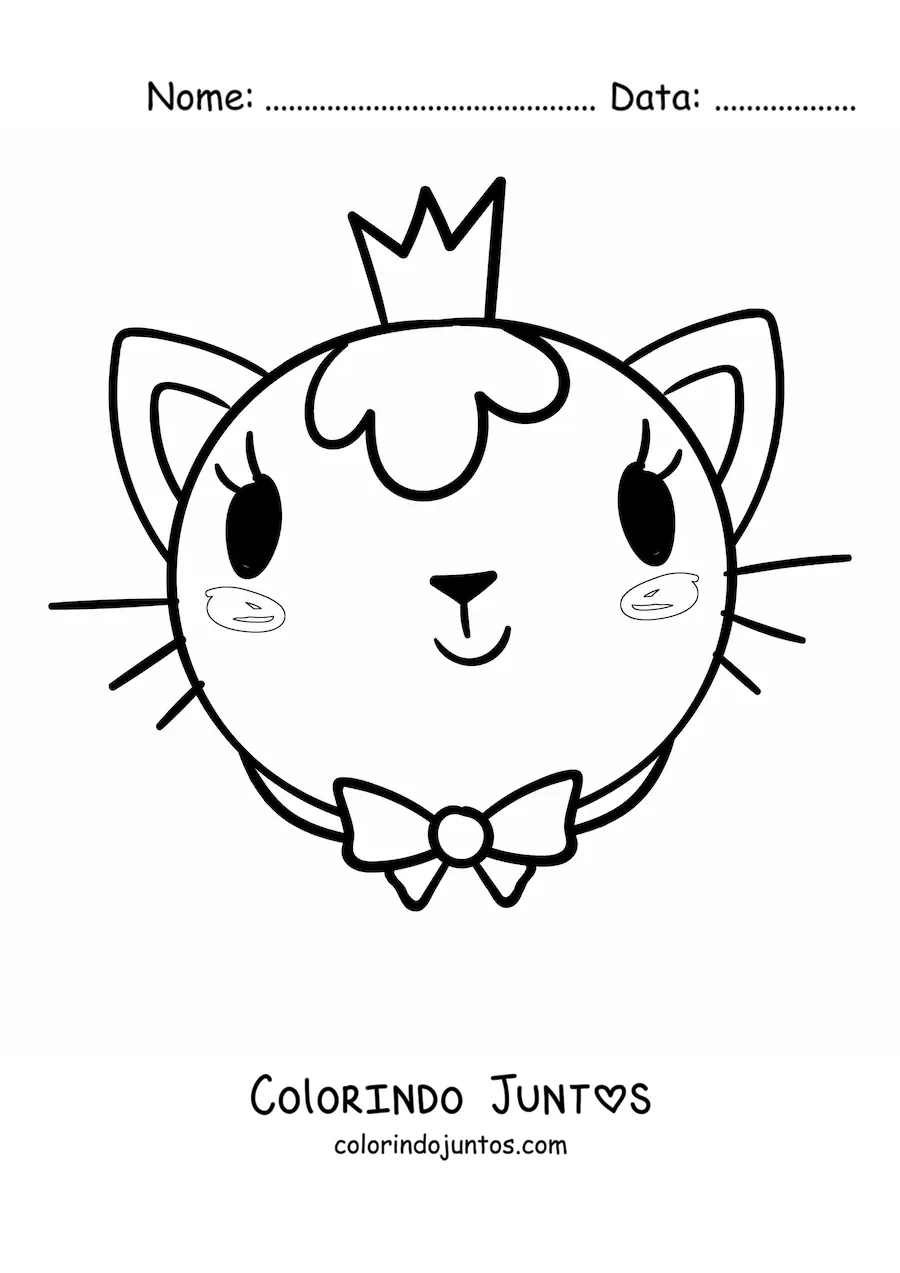 Desenho para colorir do rosto de uma gata princesa usando uma coroa e um laço
