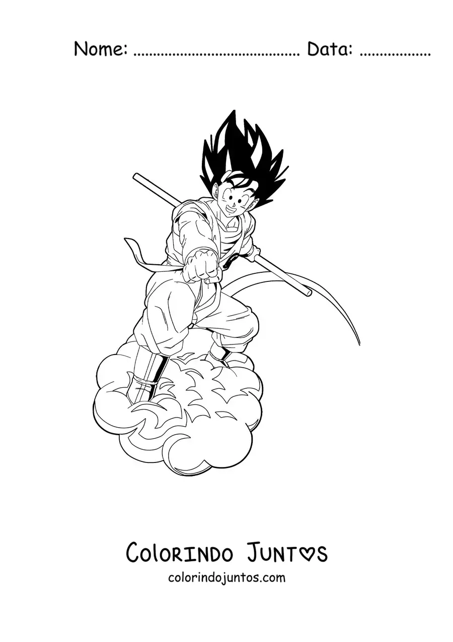 Desenho para colorir do Goku adulto sobre a Nuvem voadora