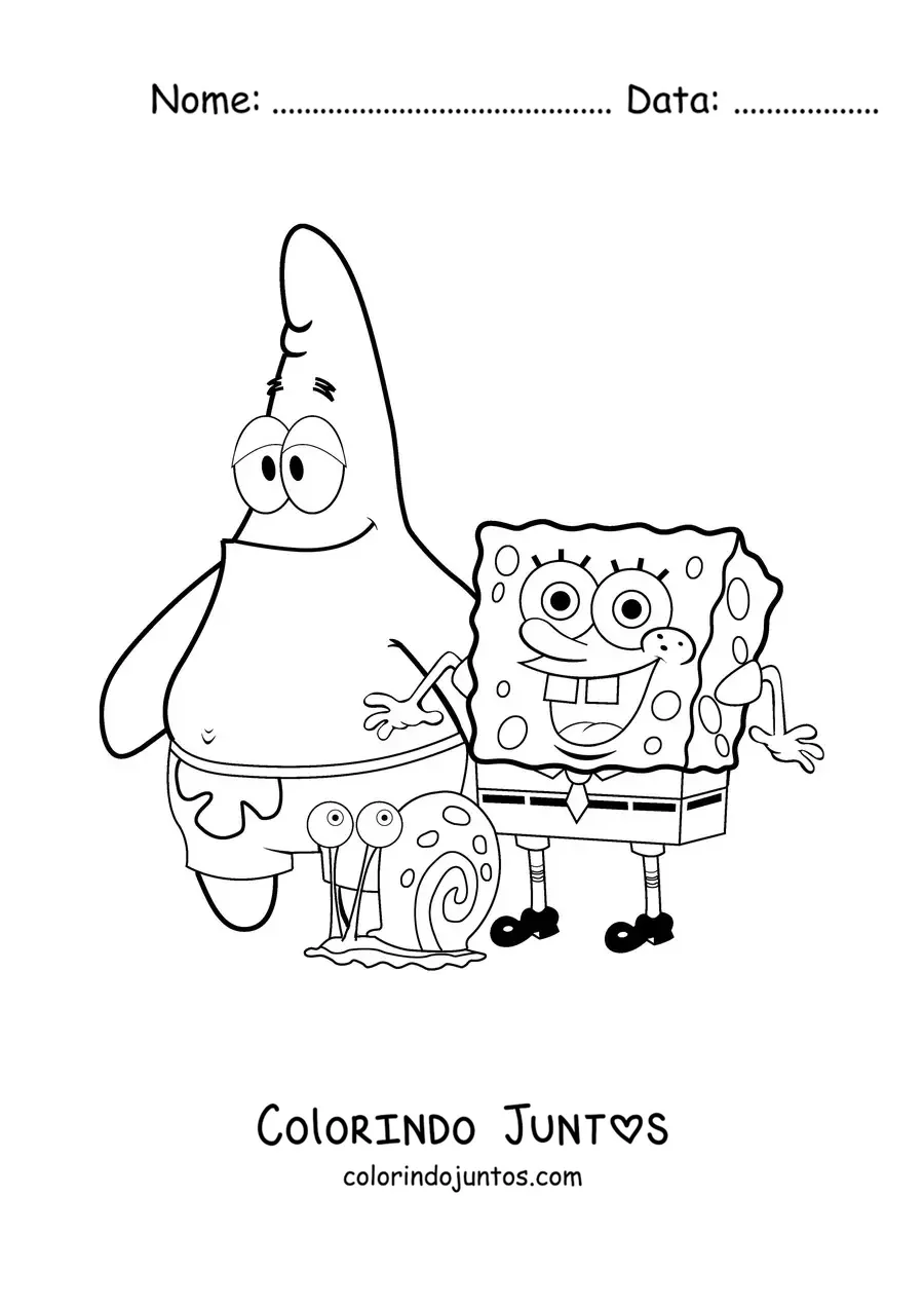 Desenho para colorir do Bob Esponja feliz junto com o Patrick e o Gary