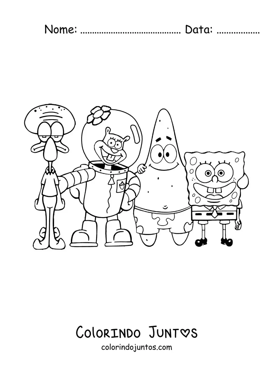 Desenho para colorir do Bob Esponja posando junto com seus amigos