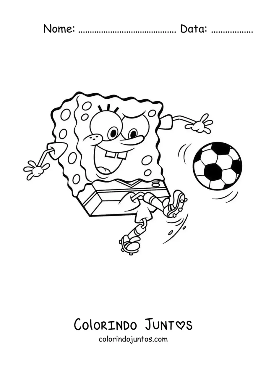 Desenho para colorir do Bob Esponja jogando futebol chutando uma bola