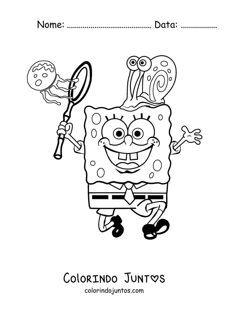 Desenho para colorir do Bob Esponja caçando águas-vivas com o Gary na cabeça