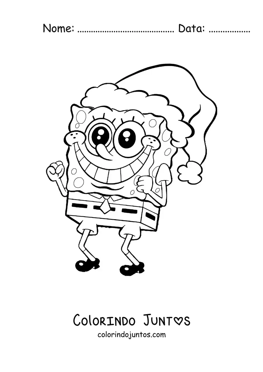Desenho para colorir do Bob Esponja sorridente com um gorro de Natal
