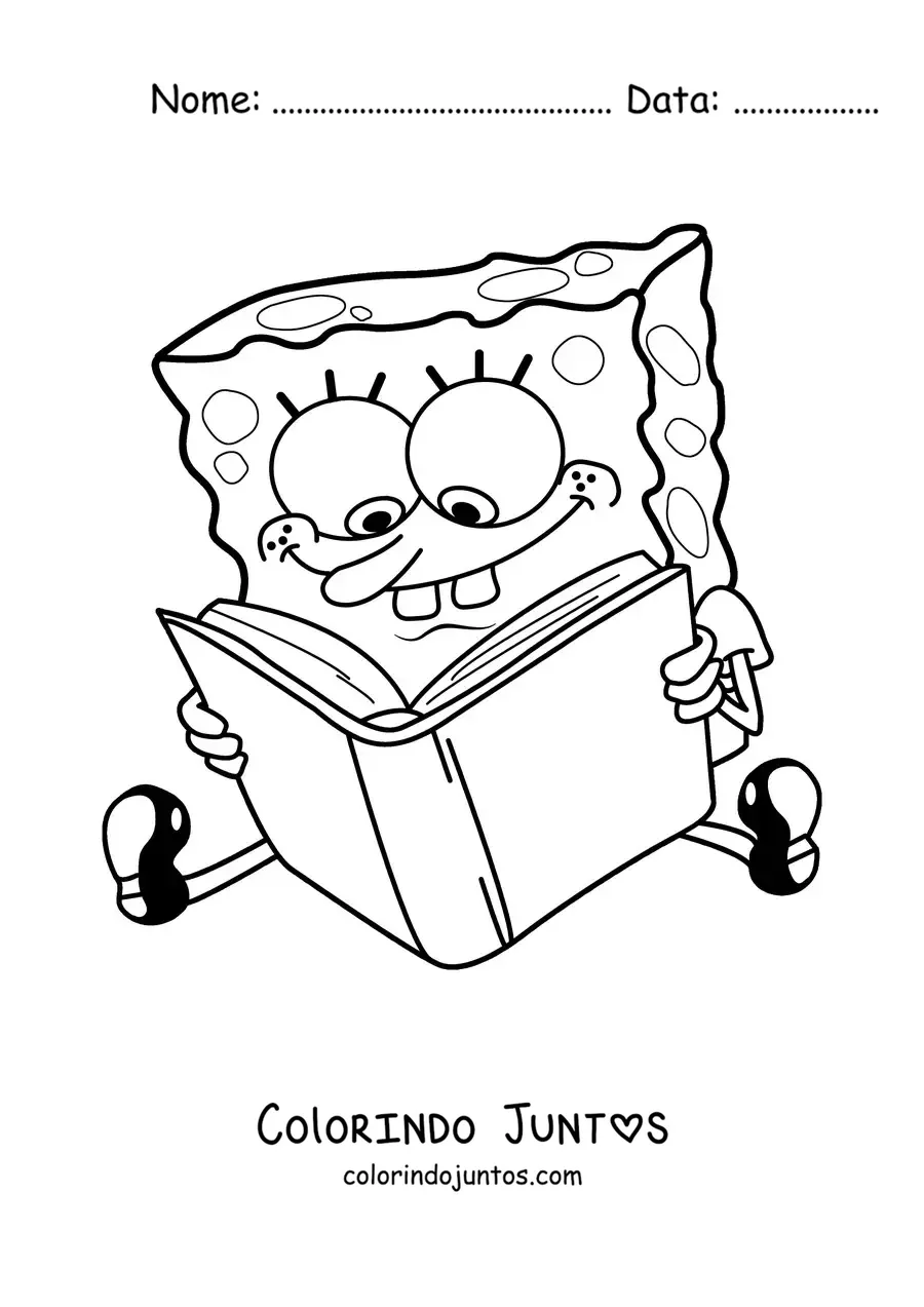 Desenho para colorir do Bob Esponja sentado lendo um livro