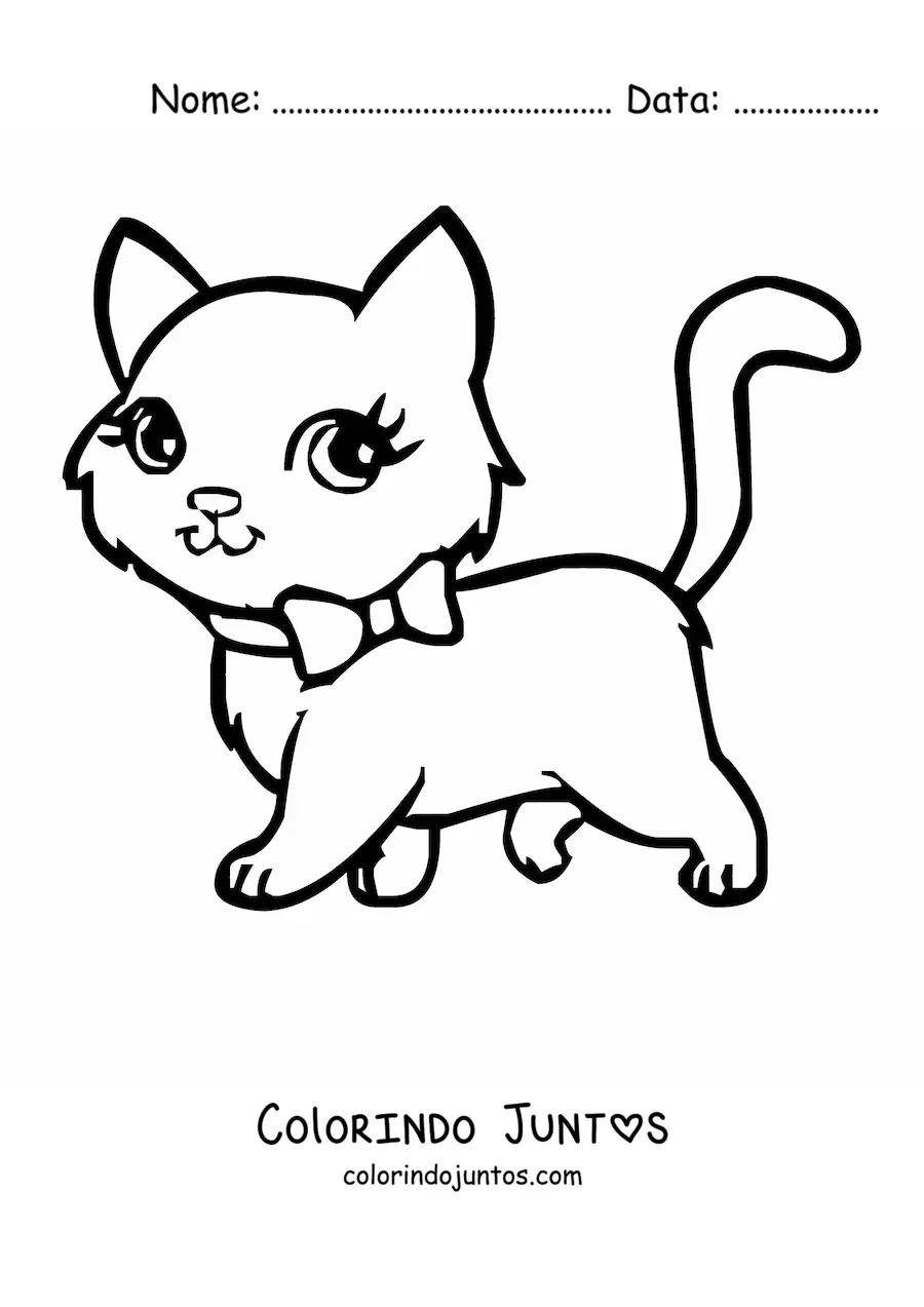 Desenho para colorir de um gato kawaii caminhando usando um laço