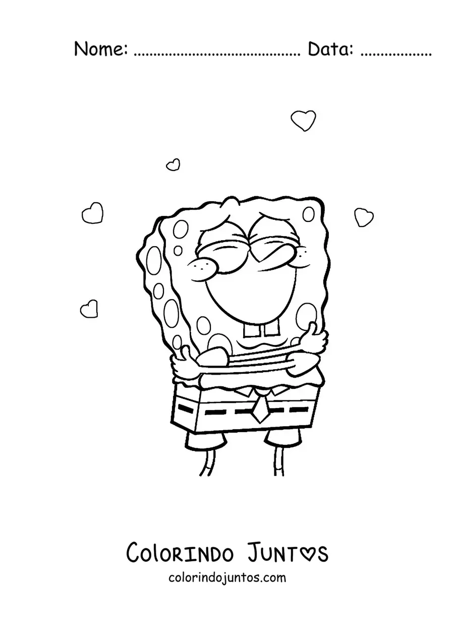 Desenho para colorir do Bob Esponja se abraçando rodeado de corações