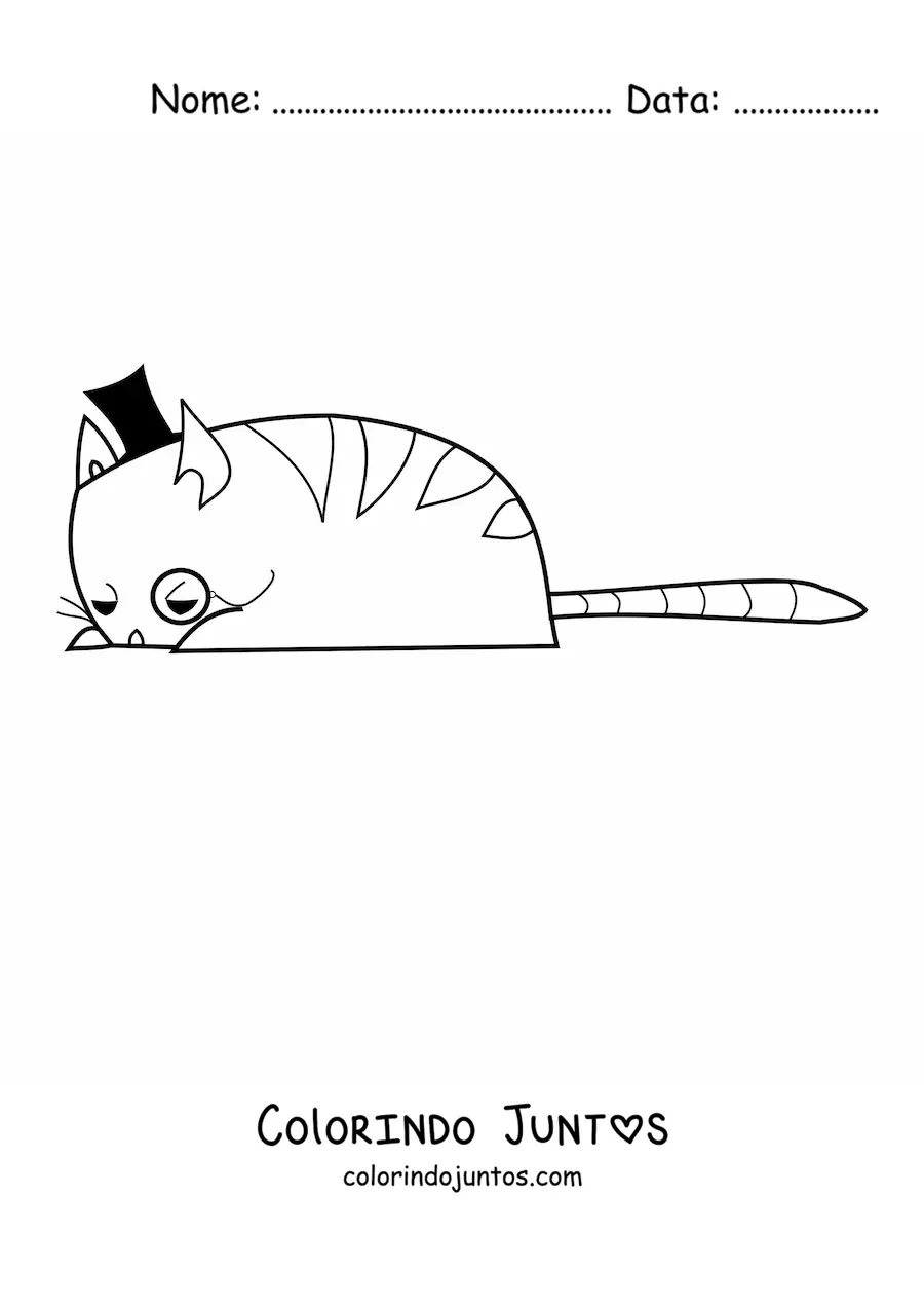 Desenho para colorir de um gato elegante deitado usando um chapéu e um monóculo