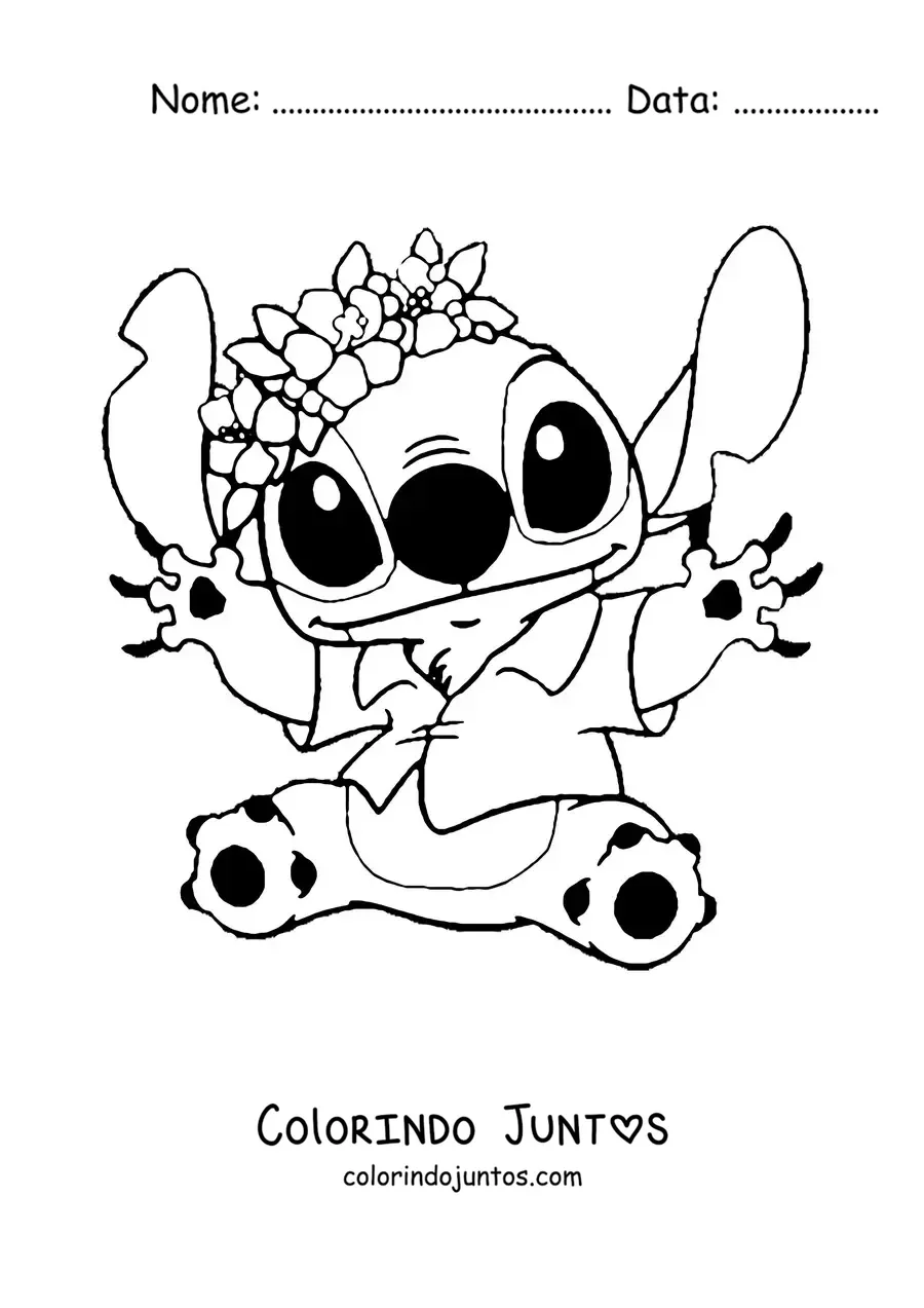 Desenho para colorir do Stitch sentado acenando com flores na cabeça