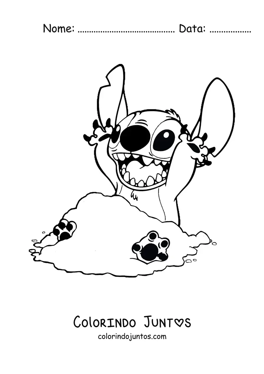 Desenho para colorir do Stitch sentado brincando na areia feliz