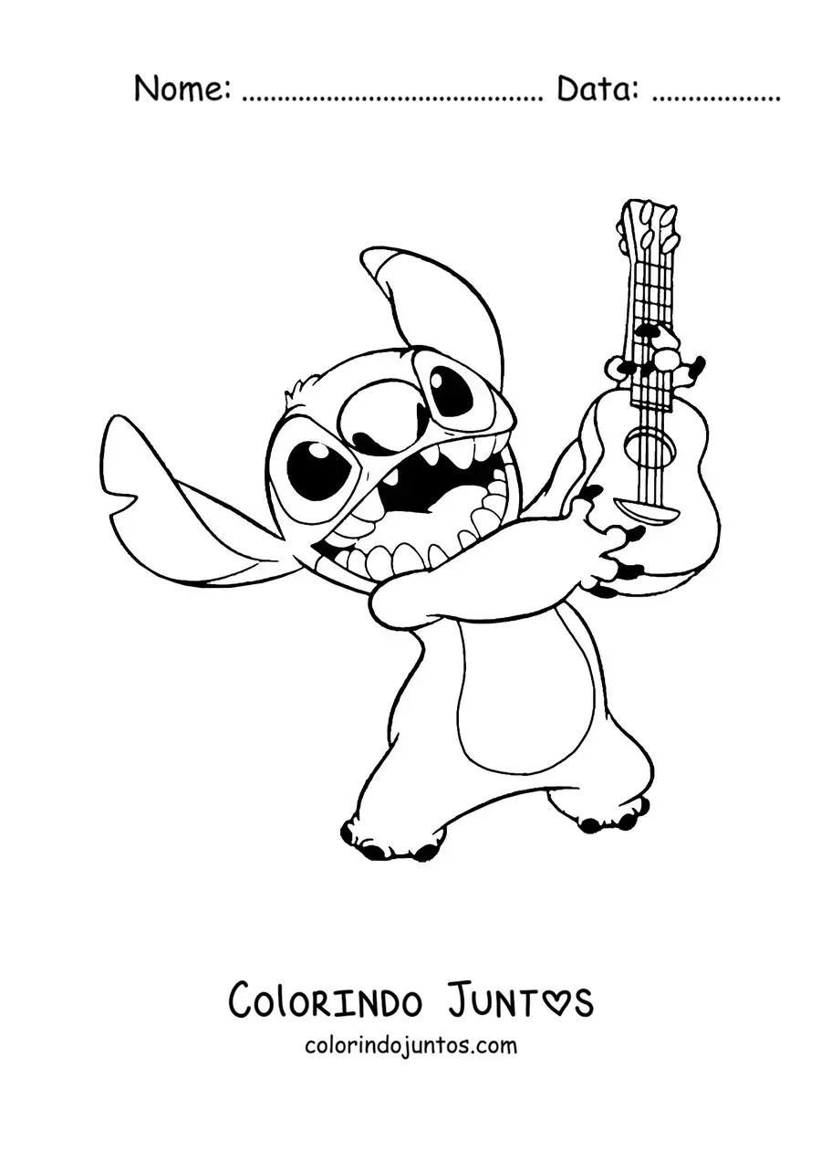 Desenho para colorir do Stitch feliz segurando um ukulele