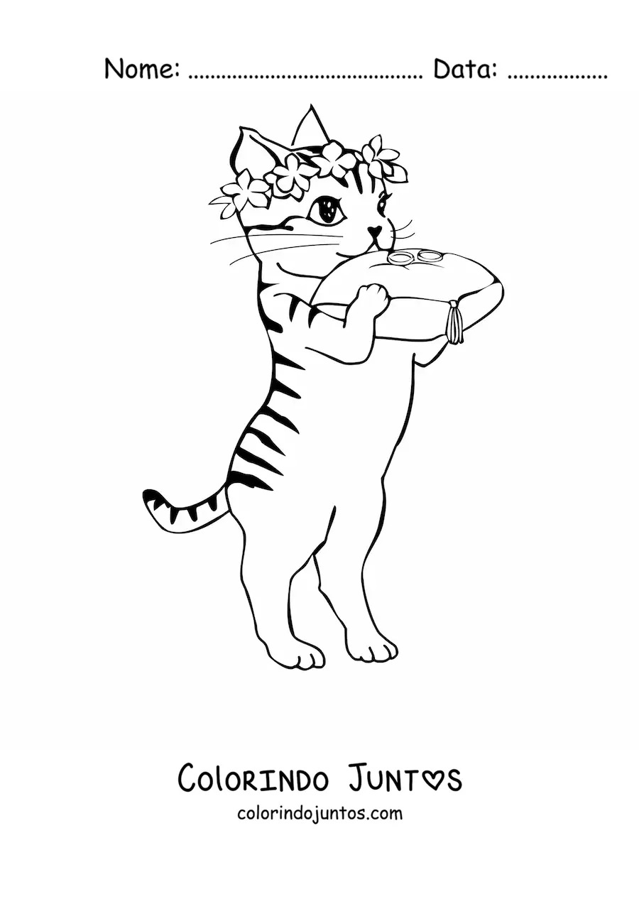 Desenho para colorir de um gato animado com coroa de flores levando as alianças de casamento sobre uma almofada