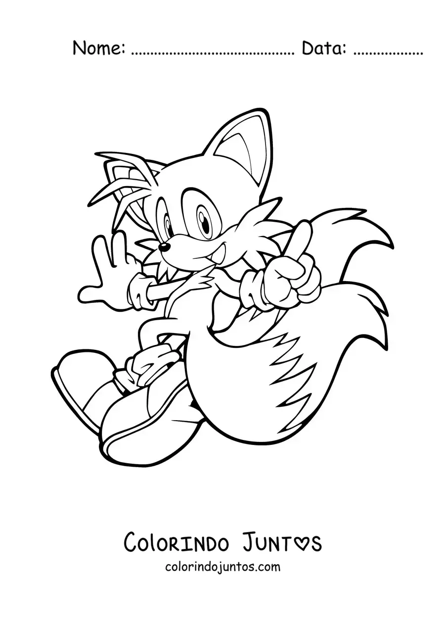 Desenho para colorir do Tails do Sonic correndo e olhando para trás