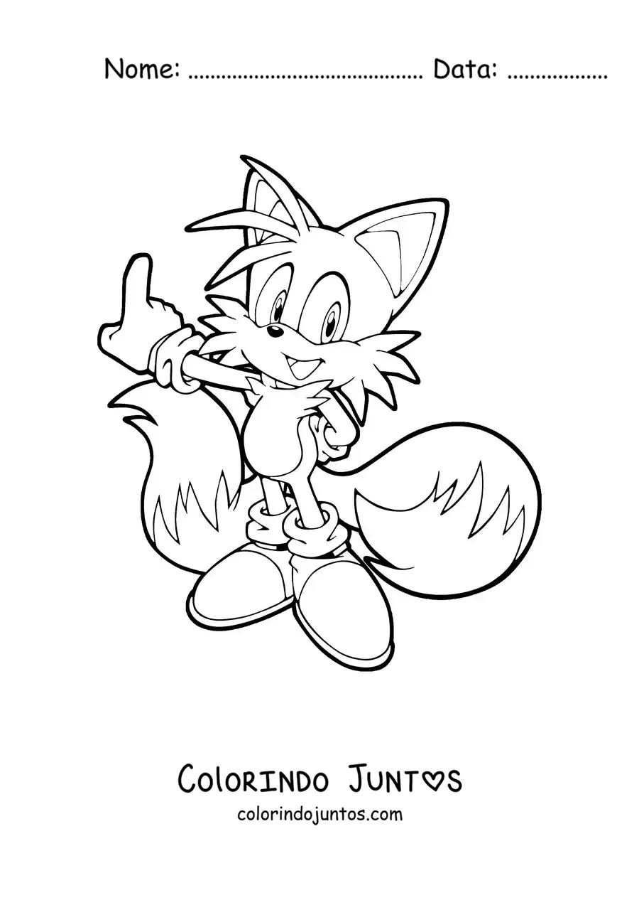 Desenho para colorir do Tails do Sonic apontando para a esquerda