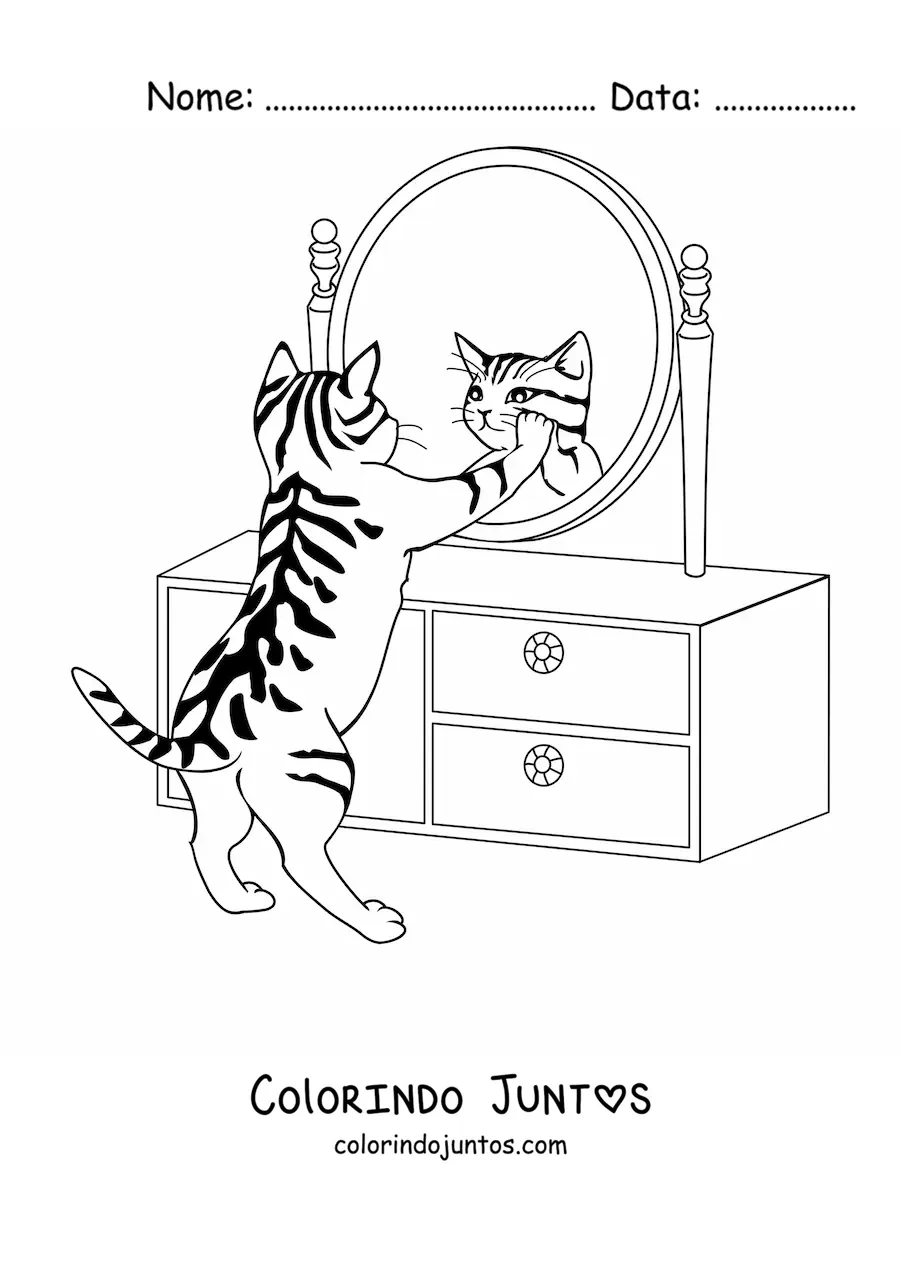 Desenho para colorir de um gato se vendo no espelho de uma penteadeira