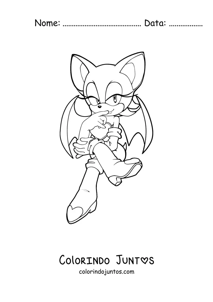 Desenho para colorir da Rouge do Sonic sentada com as pernas cruzadas