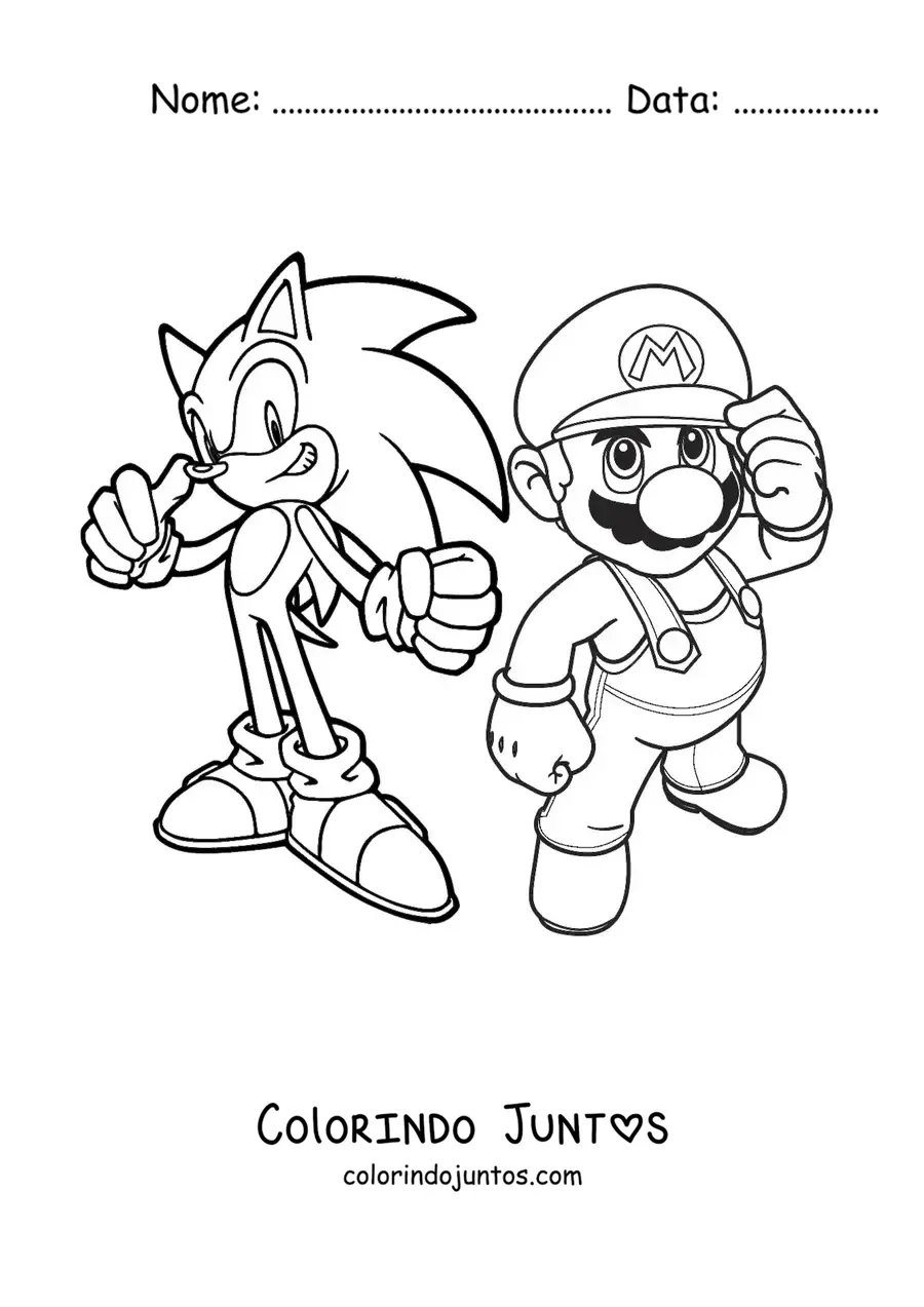 Desenho para colorir do Sonic junto com o Mario