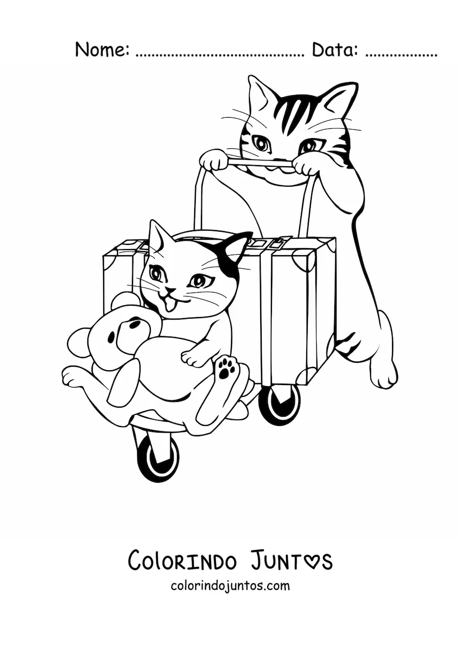 Desenho para colorir de um gato empurrando um carrinho de bagagem com uma mala, outro gato e um urso de pelúcia