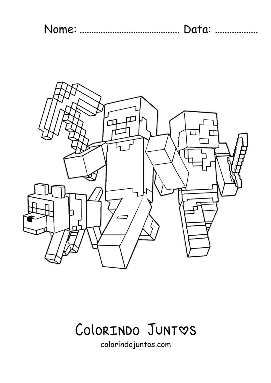 Desenho para colorir do Alex e do Steve de Minecraft caminhando junto a um cachorro