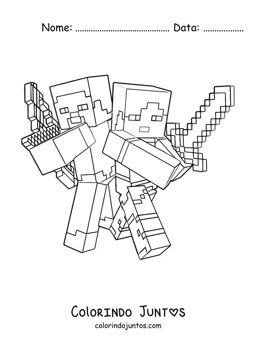 Desenho para colorir do Alex e do Steve de Minecraft lutando juntos