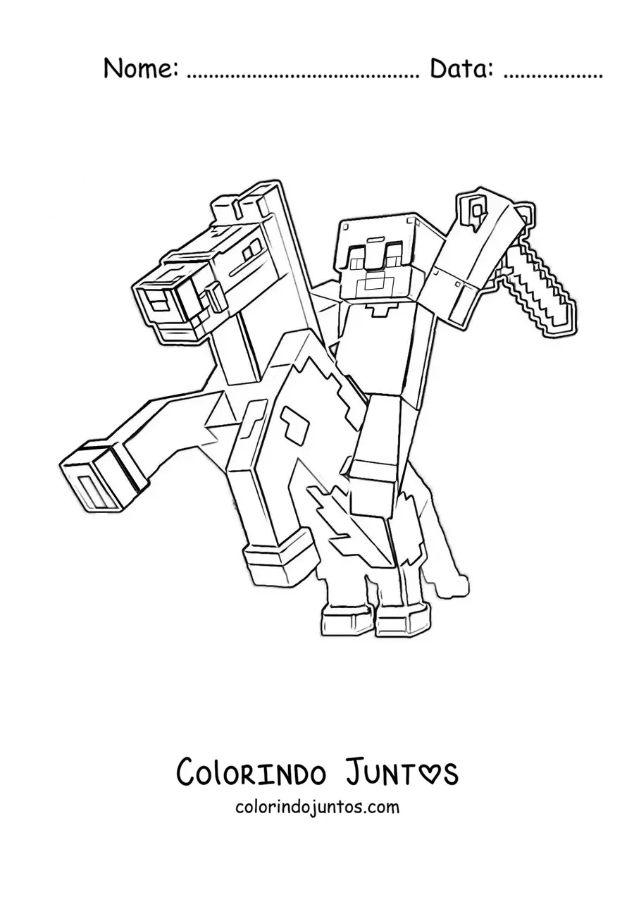 Desenho para colorir do Steve sobre um cavalo de Minecraft