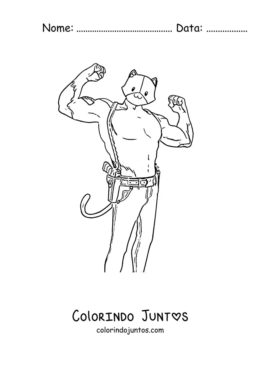Desenho para colorir do Meowscles de Fortnite flexionando os braços