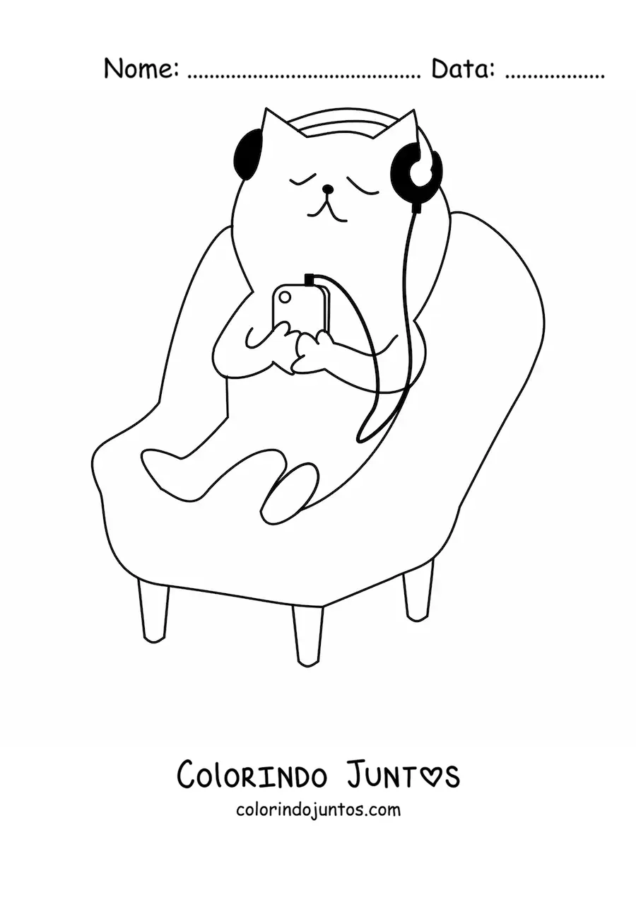 Desenho para colorir de um gato animado sentado ouvindo música com fones de ouvido
