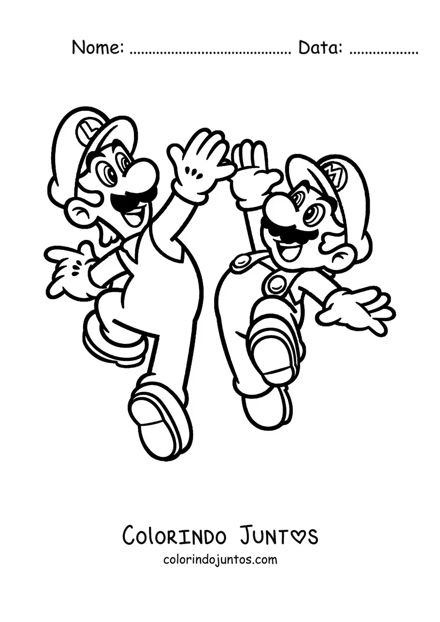Desenho para colorir dos irmãos Mario e Luigi pulando e batendo as mãos