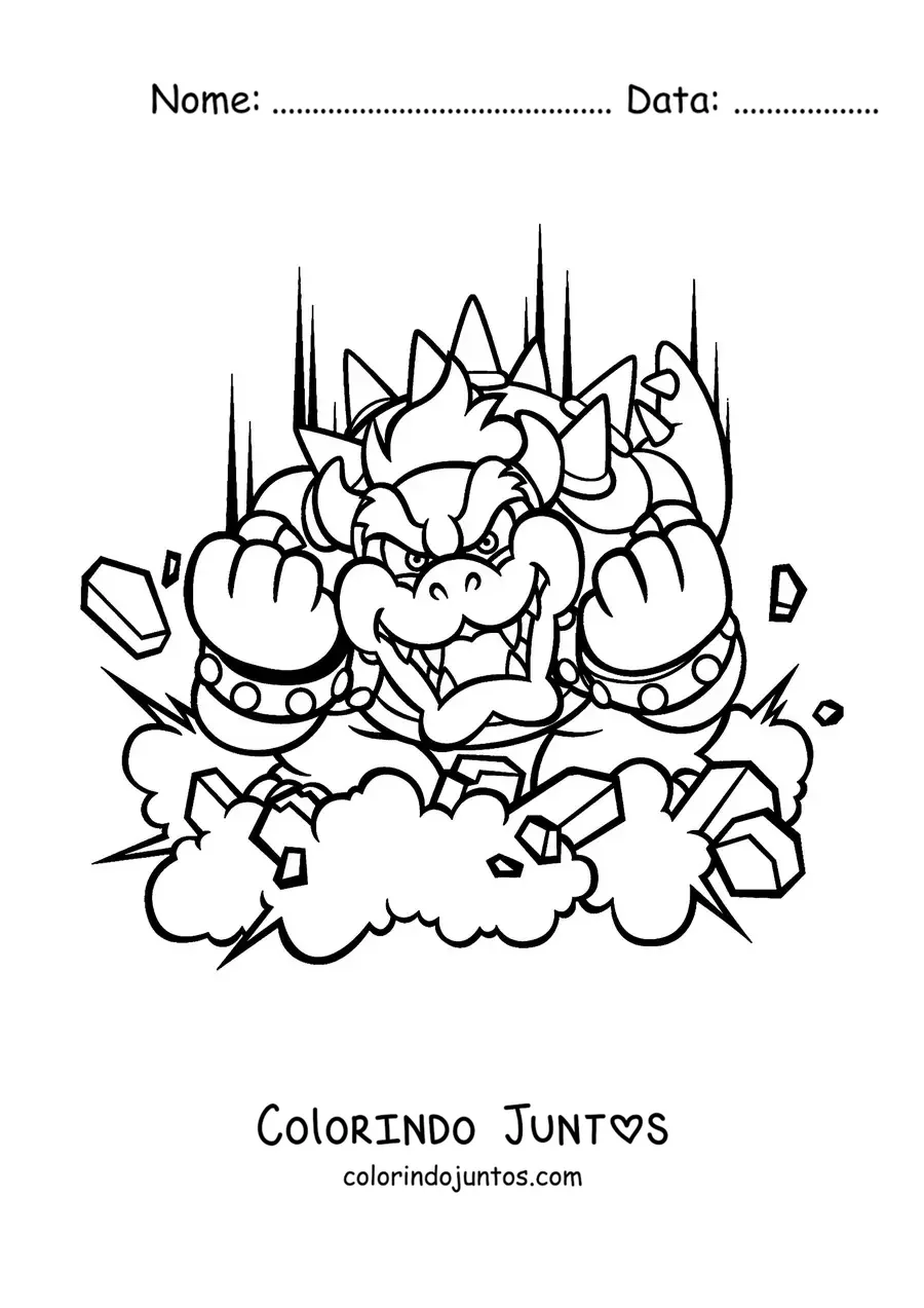 Desenho para colorir do Bowser de Mario Bros atacando em batalha