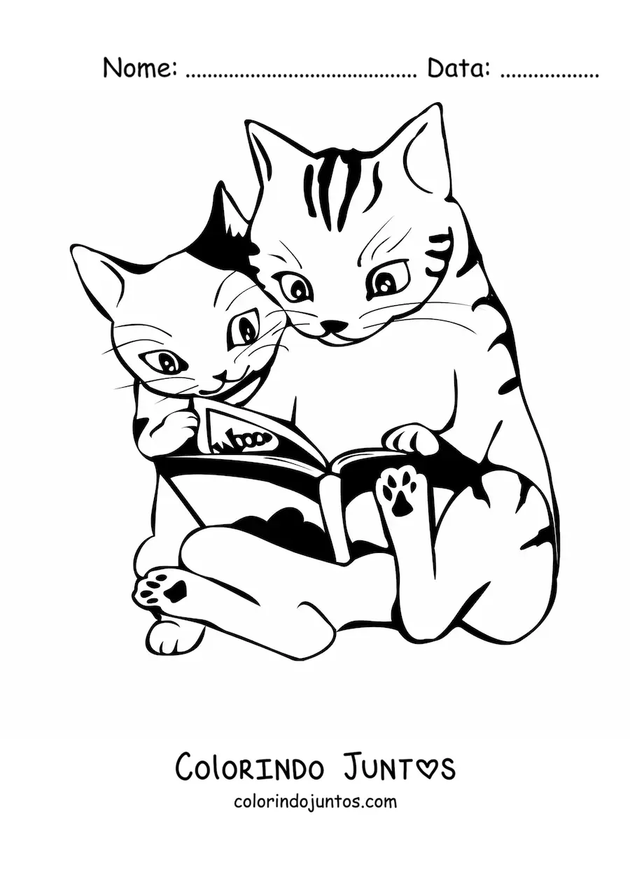 Desenho para colorir de dois gatos animados sentados lendo um livro