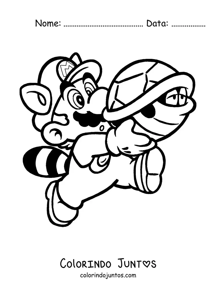Desenho para colorir do Mario guaxinim de Mario Bros com casco