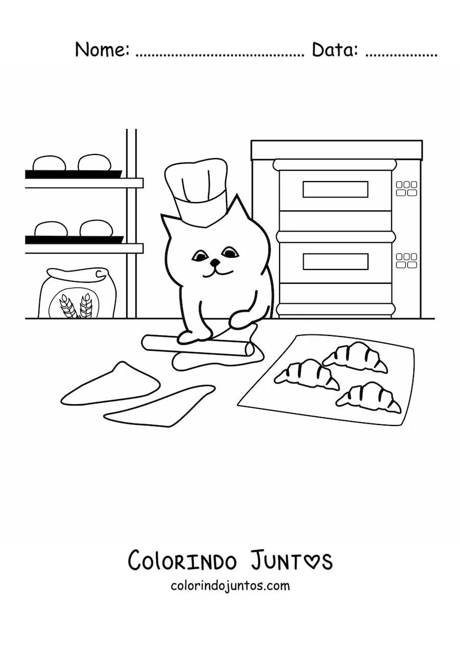 Desenho para colorir de um gato padeiro animado cozinhando croissants
