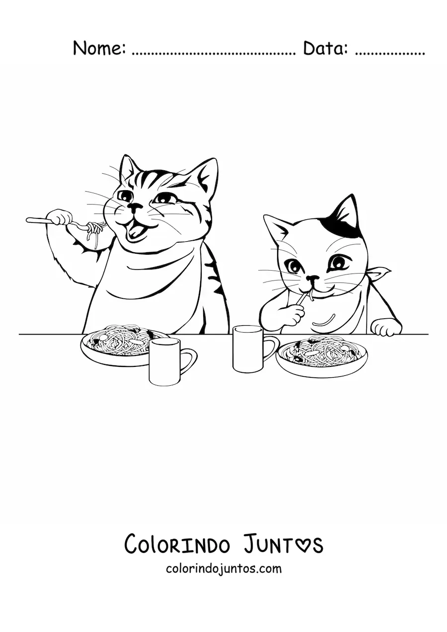 Desenho para colorir de dois gatos animados comendo macarrão com talheres