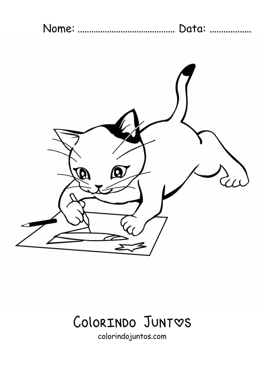 Desenho para colorir de um gato animado desenhando sobre uma folha