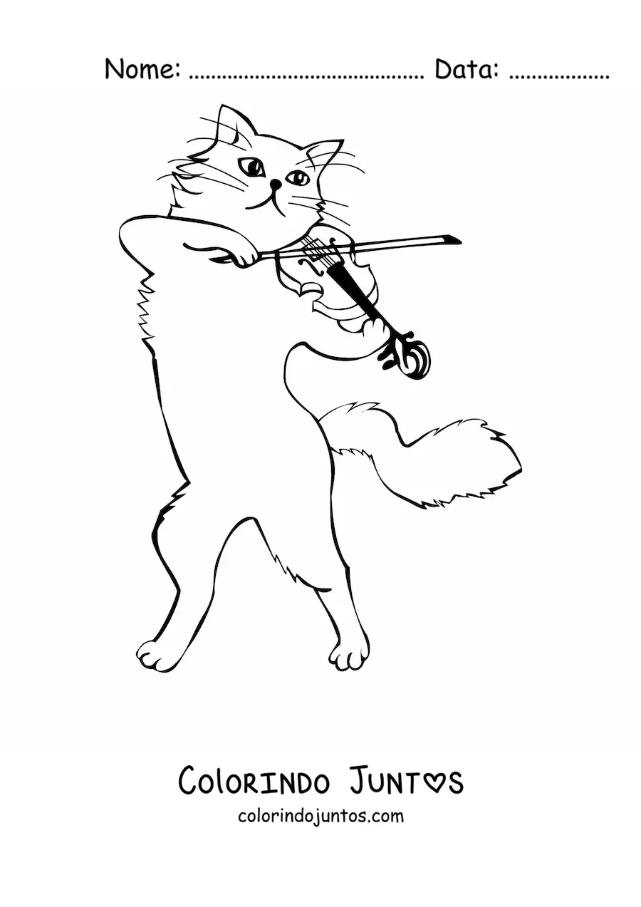 Desenho para colorir de um gato animado tocando violino