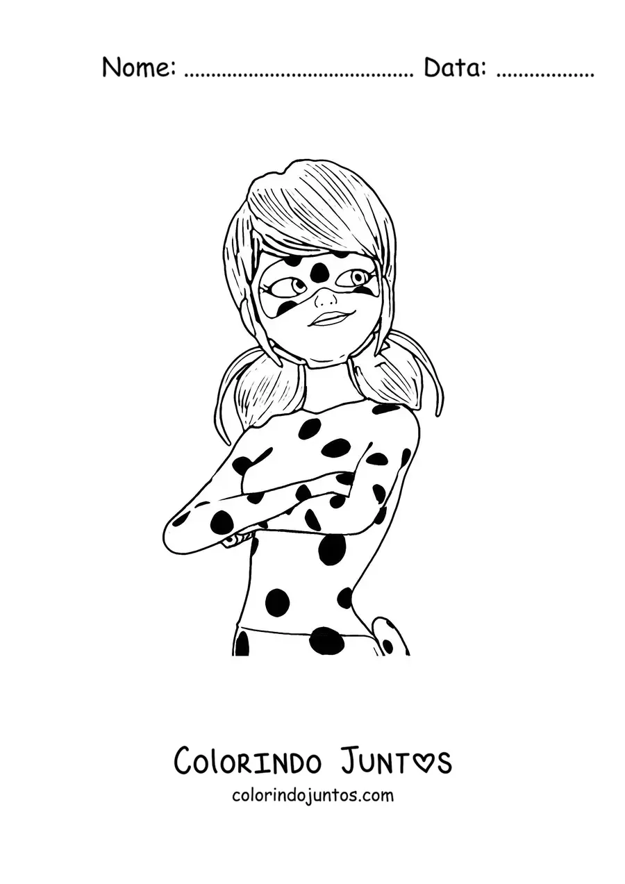 Desenho para colorir da Marinette com traje de Ladybug de braços cruzados