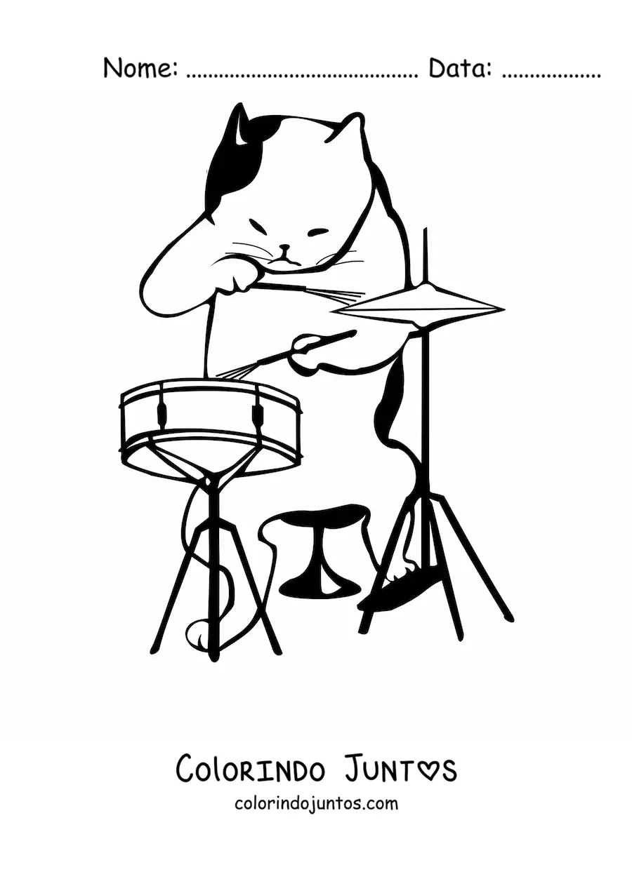 Desenho para colorir de um gato animado tocando bateria