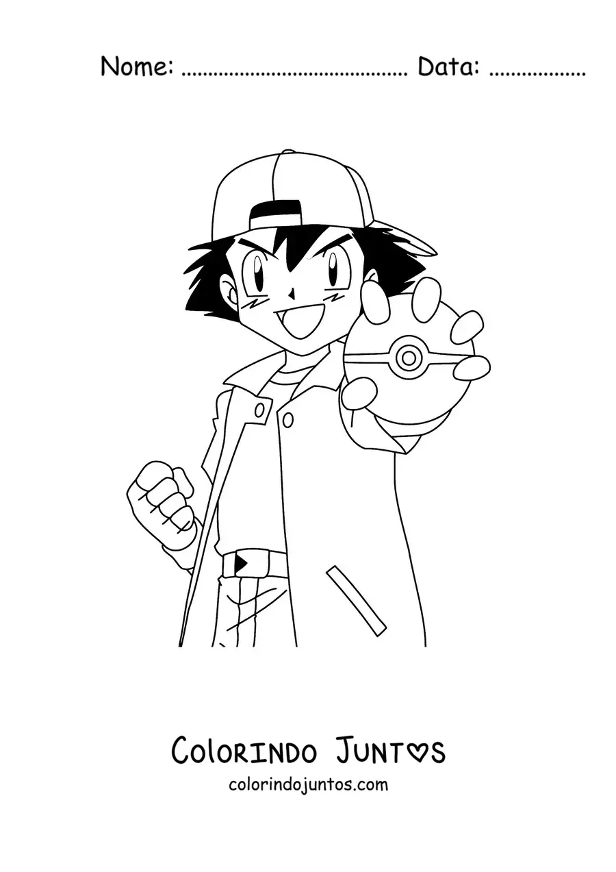 Desenho para colorir do Ash Ketchum de Pokémon com uma pokébola