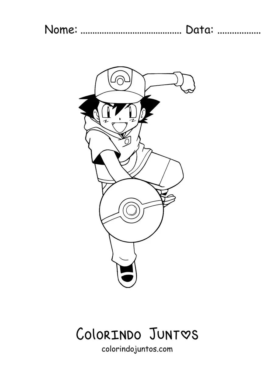 Desenho para colorir do Ash Ketchum de Pokémon lançando uma pokébola