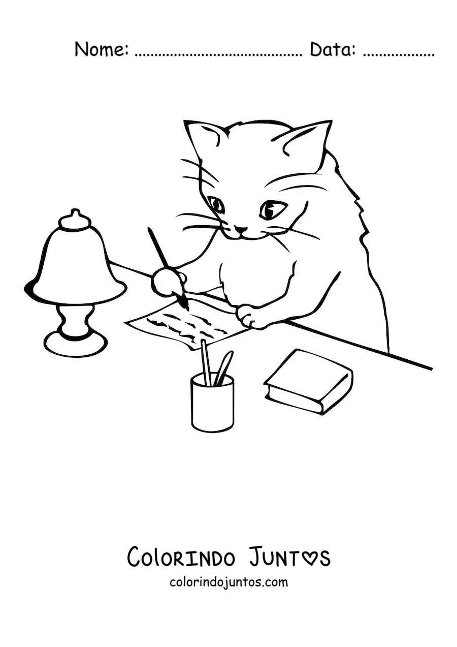 Desenho para colorir de um gato animado escrevendo uma carta