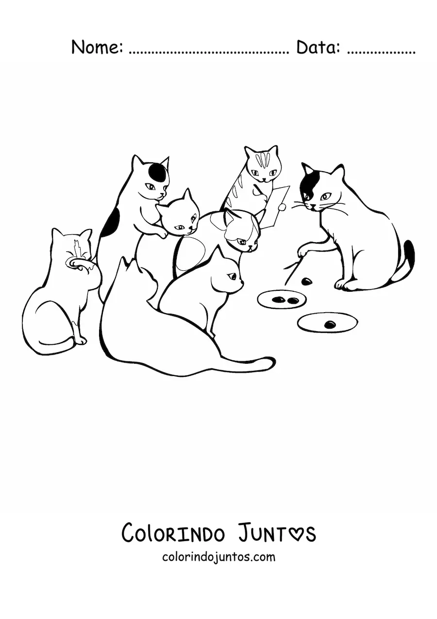 Desenho para colorir de uma reunião de gatos tramando um plano