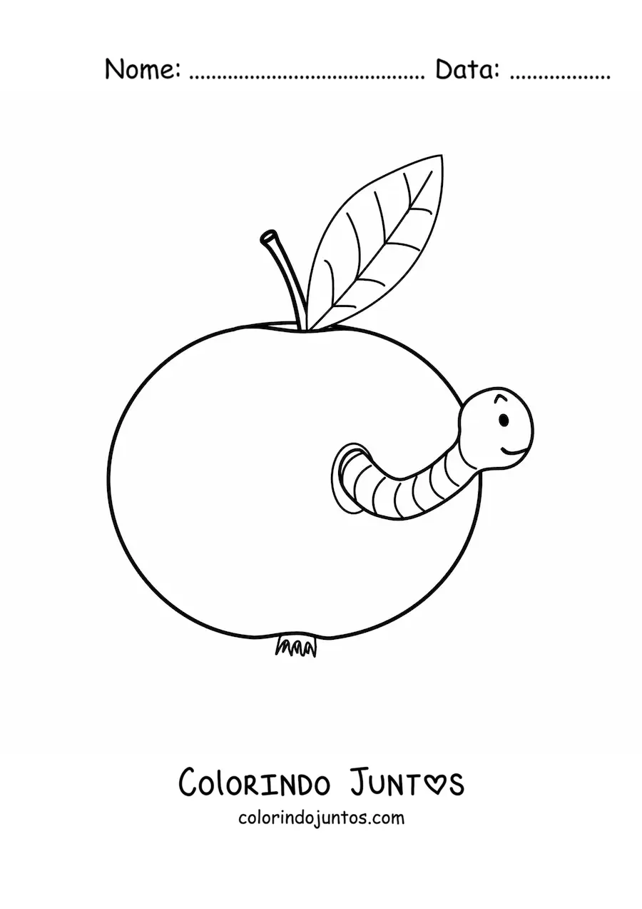 Desenho para colorir de uma maçã com minhoca animada