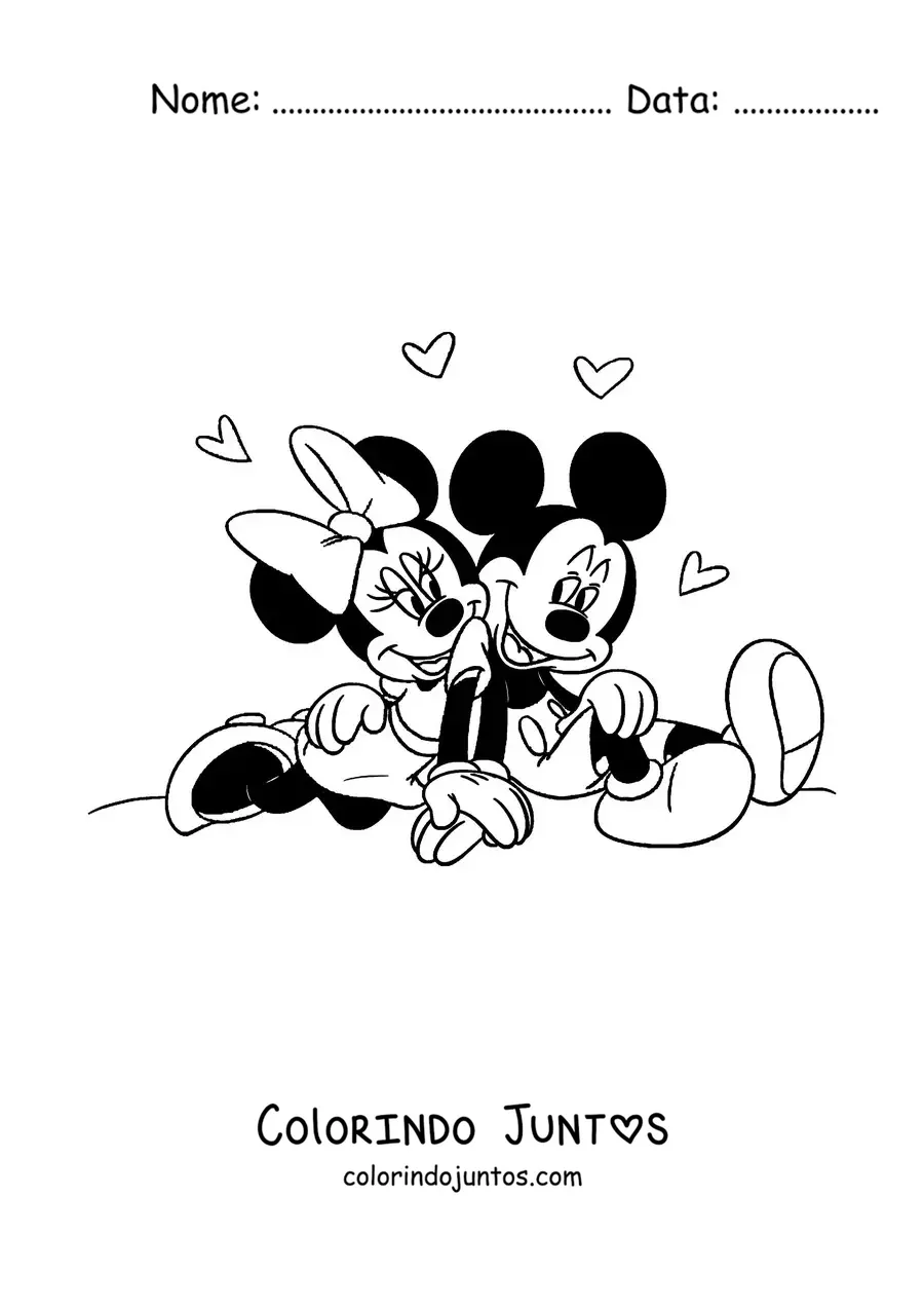 Desenho para colorir do Mickey e da Minnie sentados juntos rodeados de corações