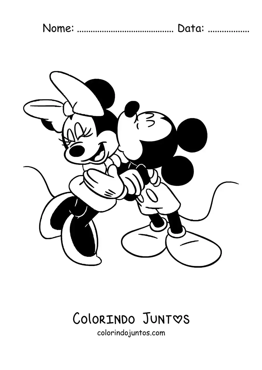 Desenho para colorir do Mickey beijando a Minnie na bochecha