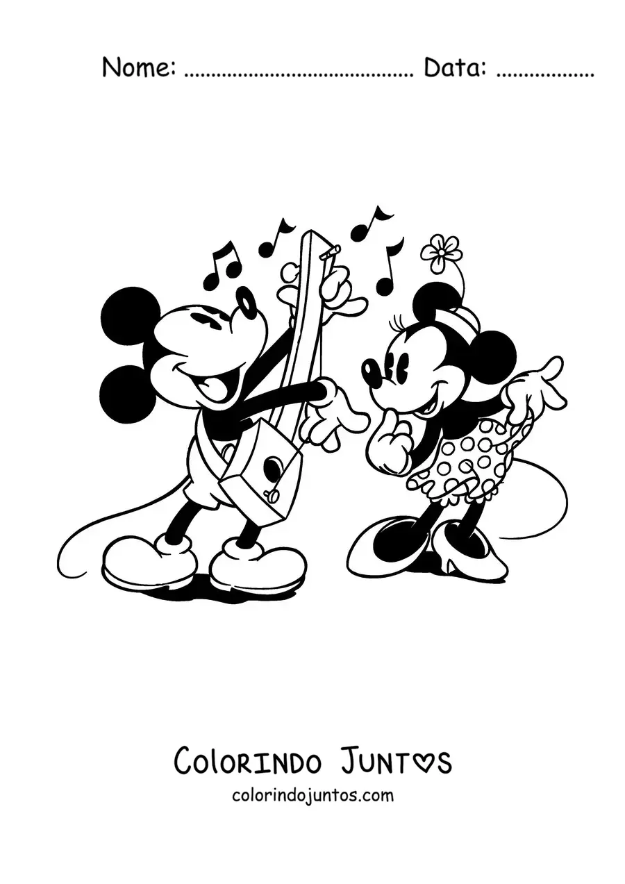 Desenho para colorir do Mickey tocando violão e da Minnie dançando
