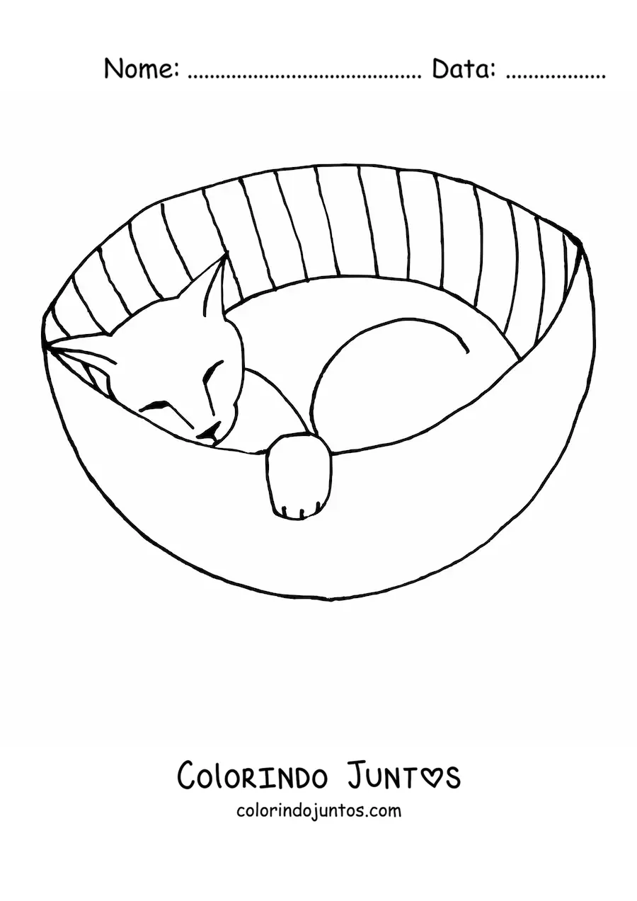 Desenho para colorir de um gato dormindo em uma caminha de gato