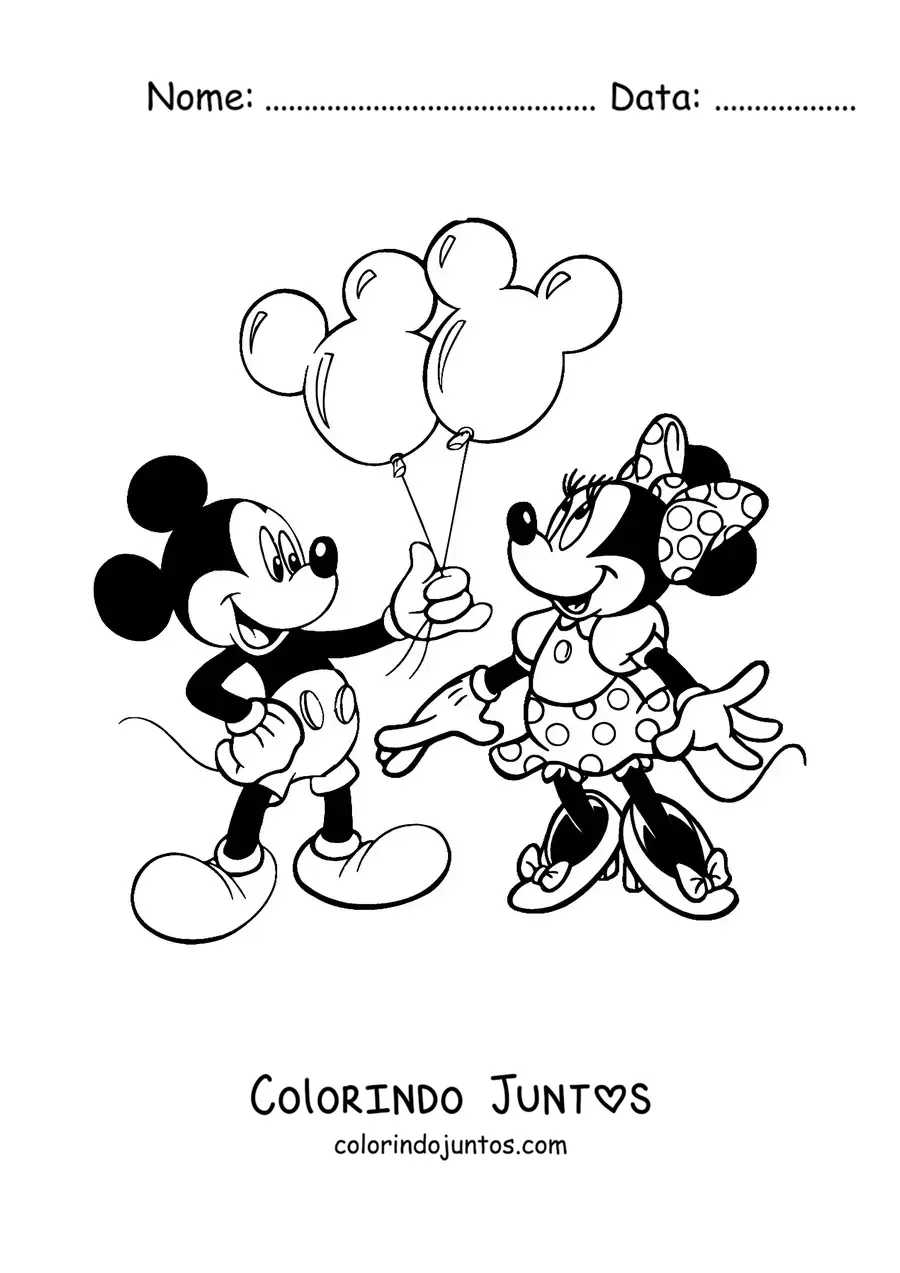 Desenho para colorir do Mickey dando balões de presente para a Minnie