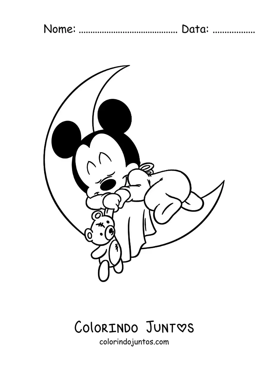 Desenho para colorir do Mickey bebê dormindo sobre uma lua segurando um ursinho de pelúcia